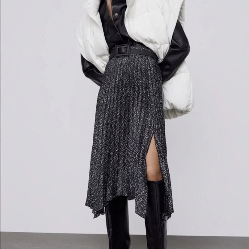 Zara Black White Pleated  Satin Effect Polka Dot Print Midi Skirt Bloggers Fav S